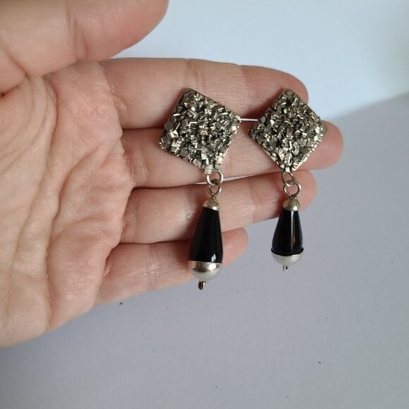Vintage Taxco Sterling Silver Western Chunky Black Onyx Drop Dangle Earrings - Picture 5 of 10